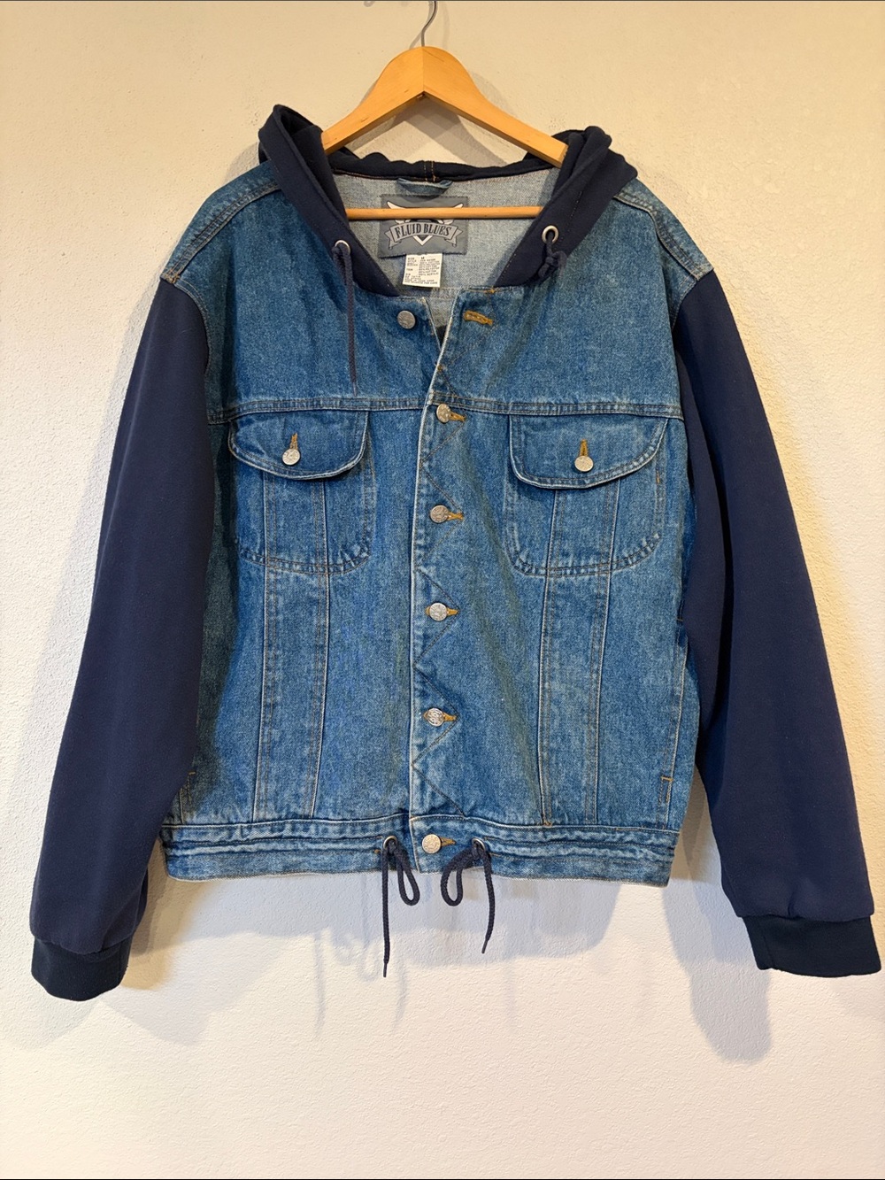 Fluid Blues vintage 90’s cotton denim trucker jacket sweatshirt hood/sleeves M